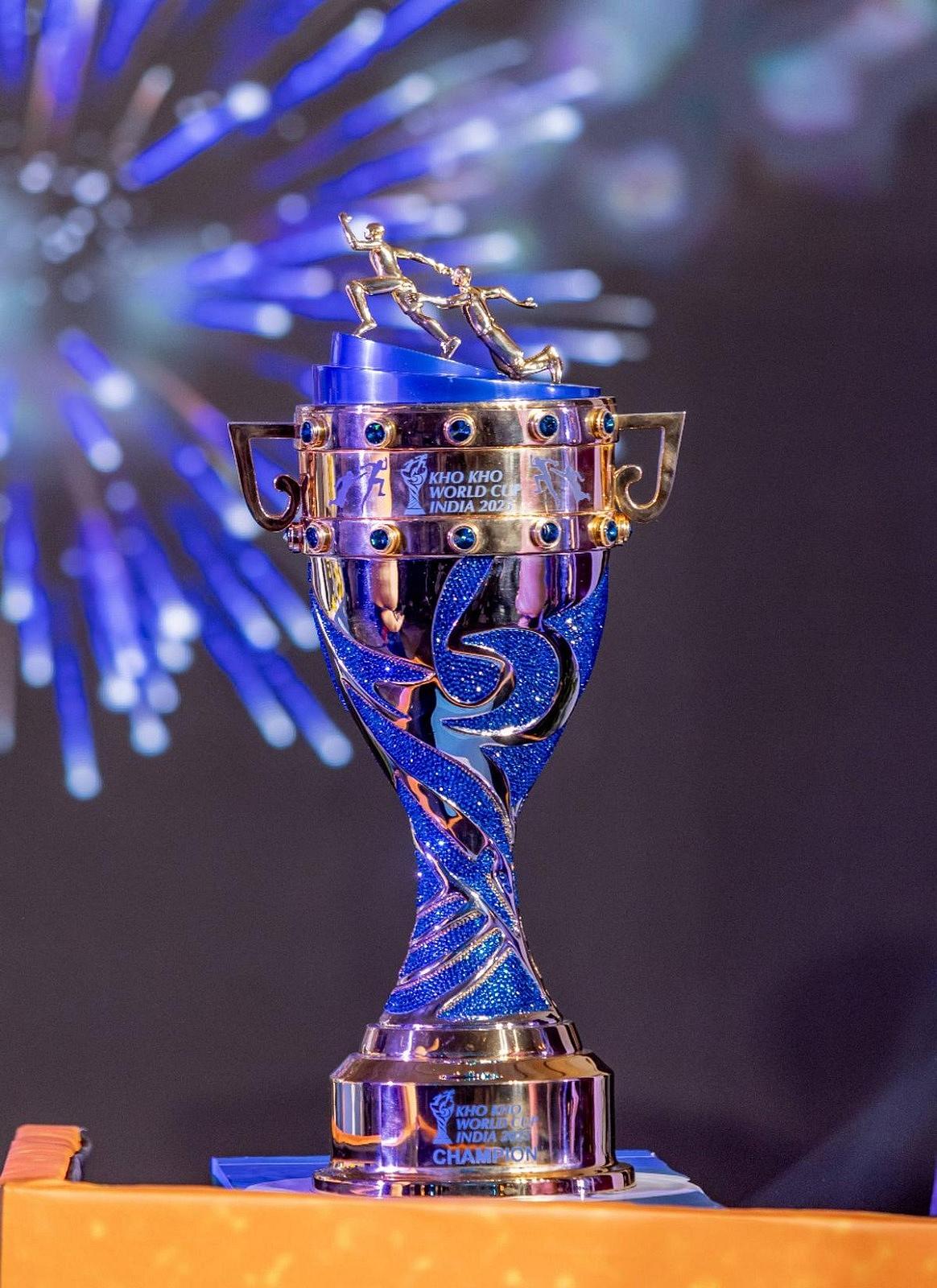The trophy for the inaugral edition of the Kho Kho World Cup.