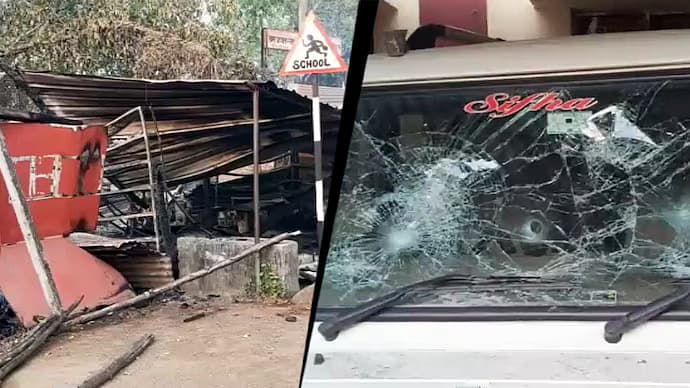 கலவரத்தில் சேதம் அடைந்த வாகனம்