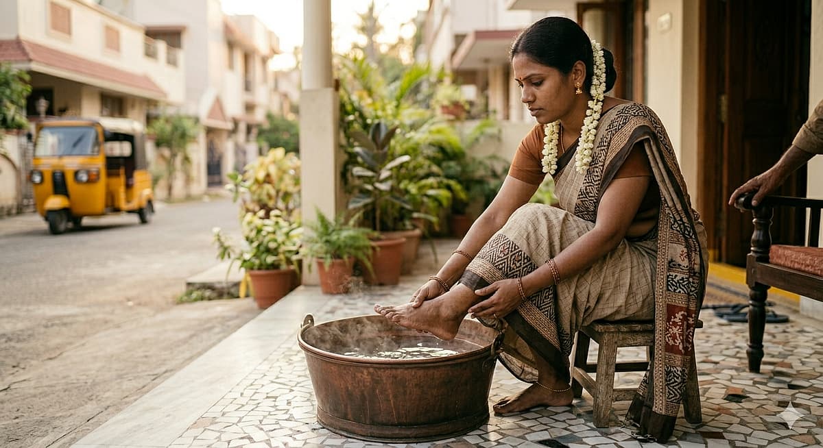 வெந்நீரில் கல் உப்பு சேர்த்து பத்து நிமிடங்கள் கால்களை வைத்து எடுக்கவும்.